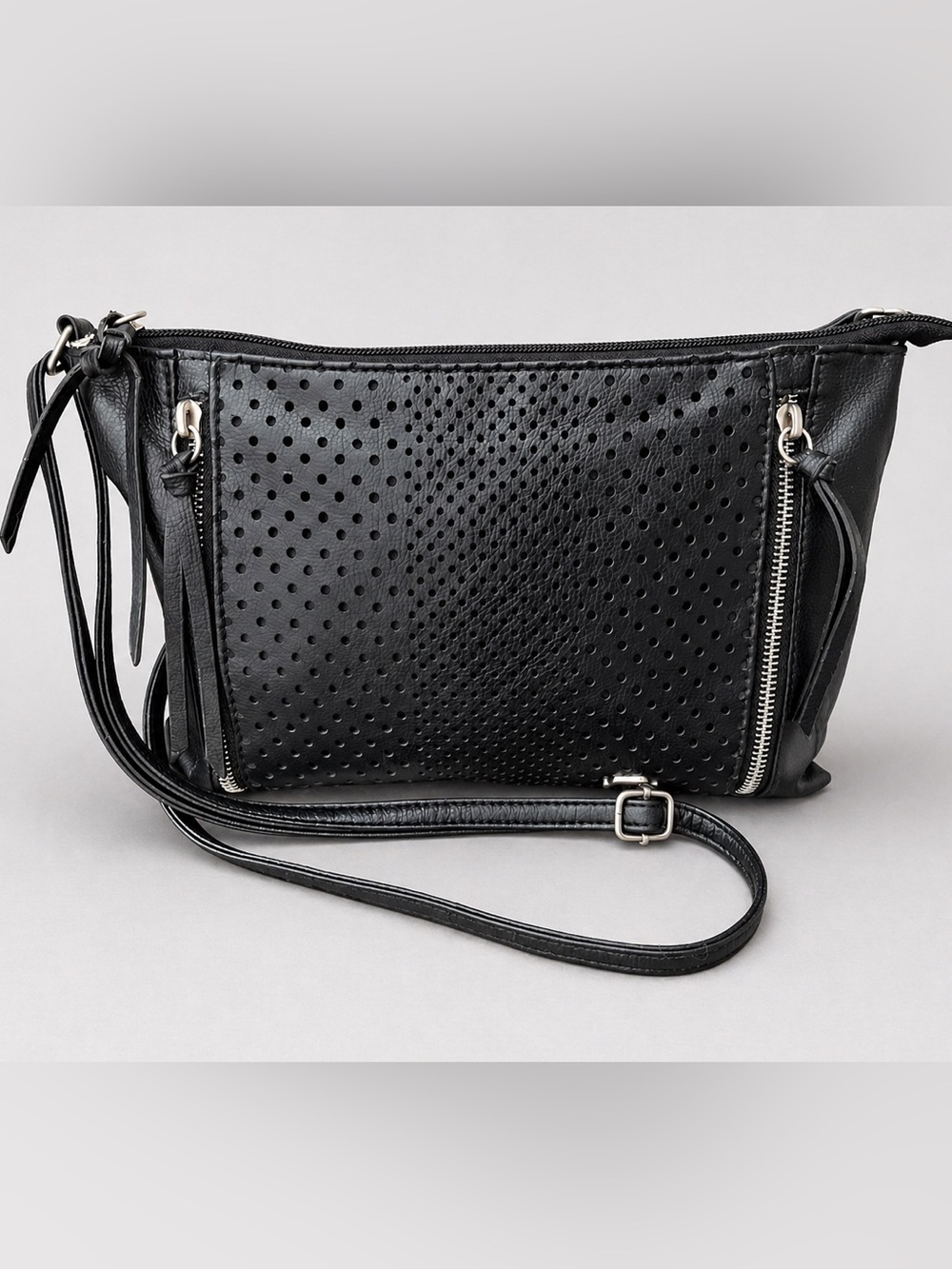 FIORELLI Black Perforated Crossbody Bag Silver Zip Detail Adjustable Strap